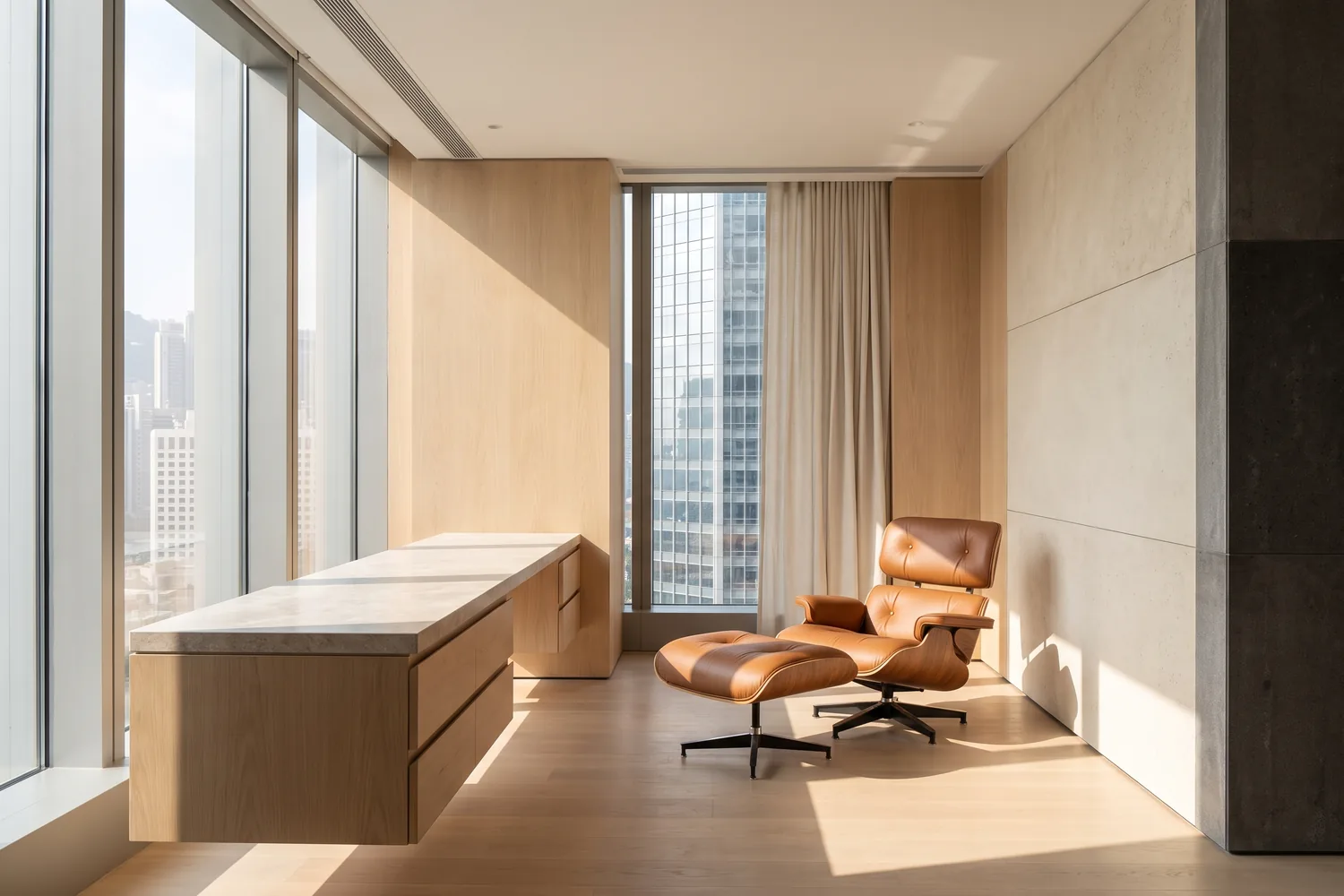 A calm, light-filled executive interior with a single chair and a long timber table
